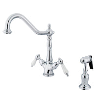 Thumbnail for Kingston Brass KS1231PLBS Heritage 2-Handle Kitchen Faucet with Brass Sprayer and 8-Inch Plate, Polished Chrome - BNGBath