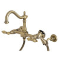 Thumbnail for Kingston Brass KS1263ALBS Heritage Wall Mount Bridge Kitchen Faucet with Brass Sprayer, Antique Brass - BNGBath