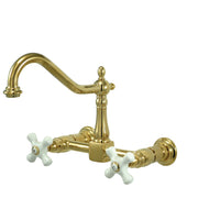 Thumbnail for Kingston Brass KS1242PX Heritage Two-Handle Wall Mount Bridge Kitchen Faucet, Polished Brass - BNGBath