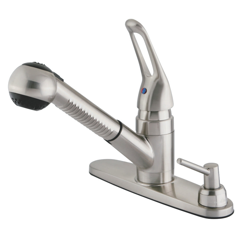 Kingston Brass GKB708SPDK Water Saving Wyndham Pull-out Kitchen Faucet with Single Loop Handle, Matching Wand and Soap Dispenser, Brushed Nickel - BNGBath