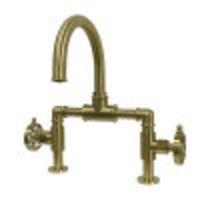 Thumbnail for Kingston Brass KS2177RX Belknap Industrial Style Wheel Handle Bridge Bathroom Faucet with Pop-Up Drain, Brushed Brass - BNGBath