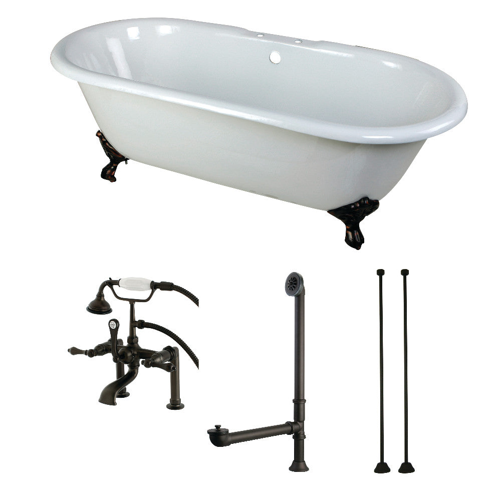 Aqua Eden KCT7D663013C5 66-Inch Cast Iron Double Ended Clawfoot Tub Combo with Faucet and Supply Lines, White/Oil Rubbed Bronze - BNGBath