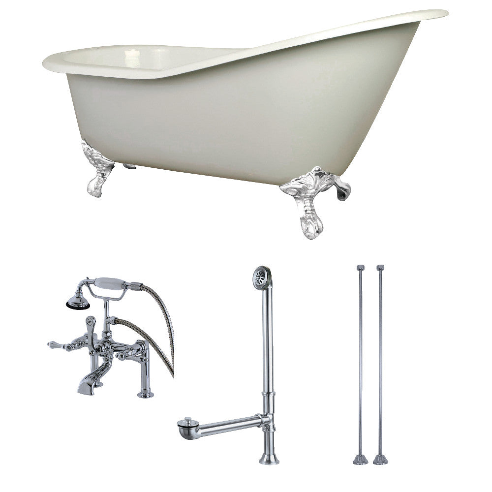 Aqua Eden KCT7D653129CW 62-Inch Cast Iron Single Slipper Clawfoot Tub Combo with Faucet and Supply Lines, White - BNGBath