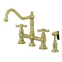 Thumbnail for Kingston Brass KS3277AXBS Restoration 8-Inch Bridge Kitchen Faucet with Sprayer, Brushed Brass - BNGBath