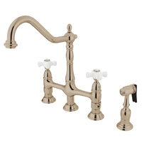 Thumbnail for Kingston Brass KS1276PXBS Heritage Bridge Kitchen Faucet with Brass Sprayer, Polished Nickel - BNGBath