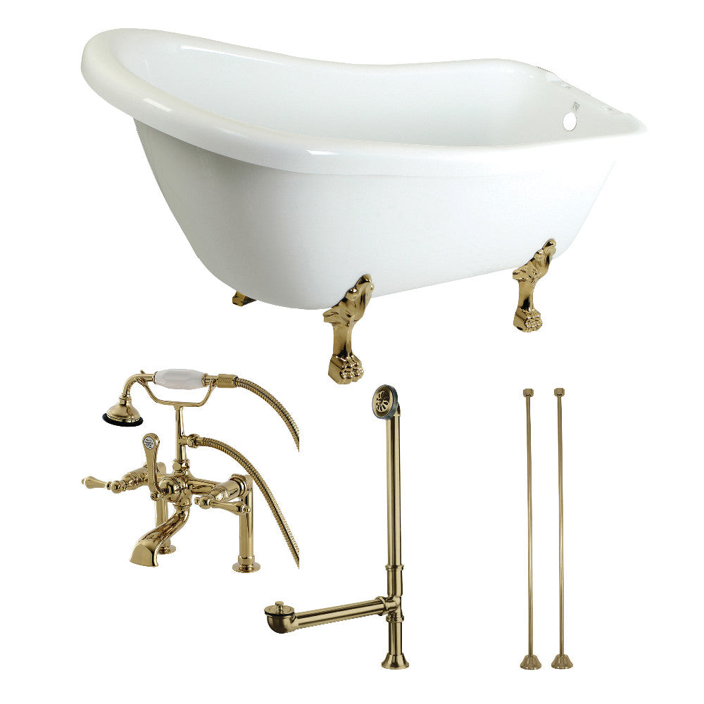 Aqua Eden KTDE692823C2 67-Inch Acrylic Single Slipper Clawfoot Tub Combo with Faucet and Supply Lines, White/Polished Brass - BNGBath