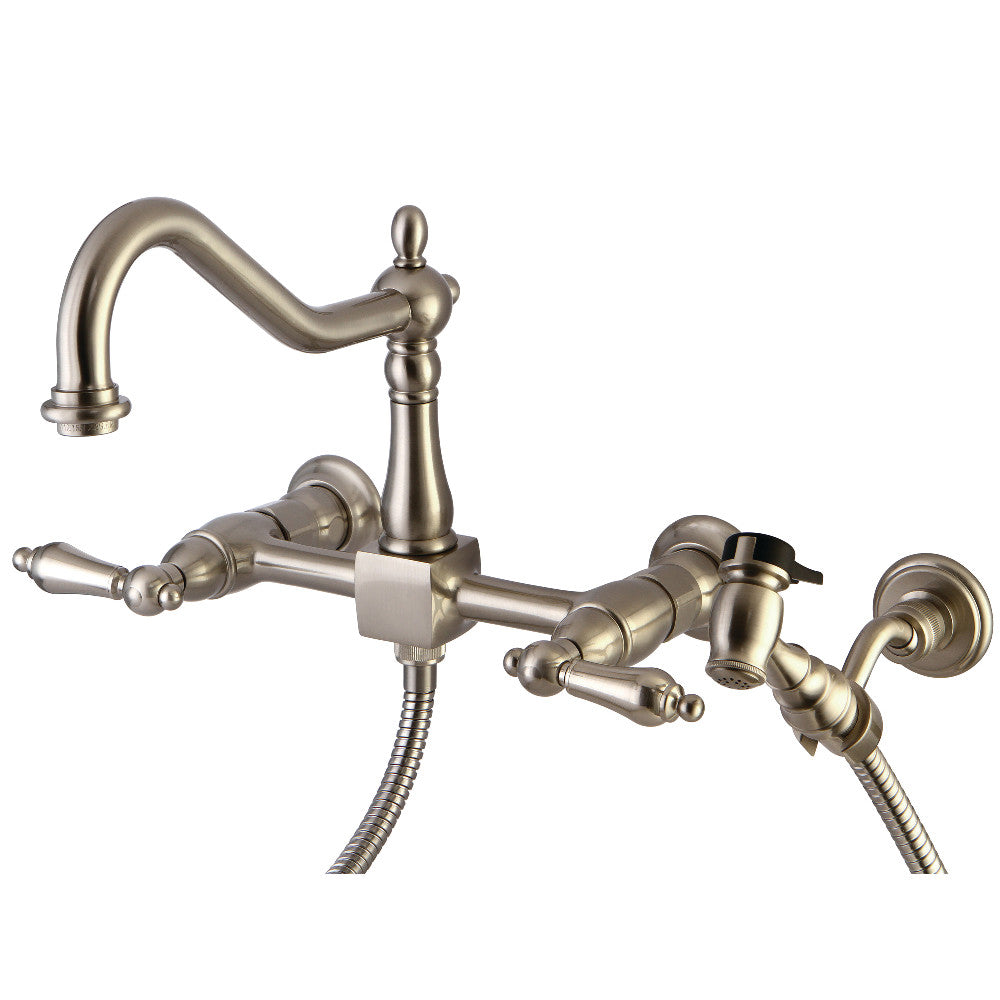 Kingston Brass KS1248ALBS Heritage Two-Handle Wall Mount Bridge Kitchen Faucet with Brass Sprayer, Brushed Nickel - BNGBath