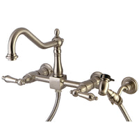 Thumbnail for Kingston Brass KS1248ALBS Heritage Two-Handle Wall Mount Bridge Kitchen Faucet with Brass Sprayer, Brushed Nickel - BNGBath