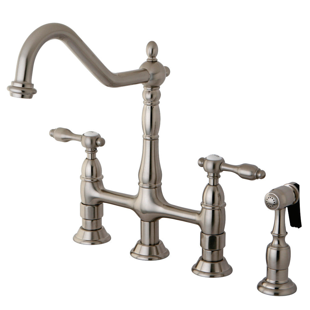 Kingston Brass KS1278TALBS Tudor Bridge Kitchen Faucet with Brass Sprayer, Brushed Nickel - BNGBath