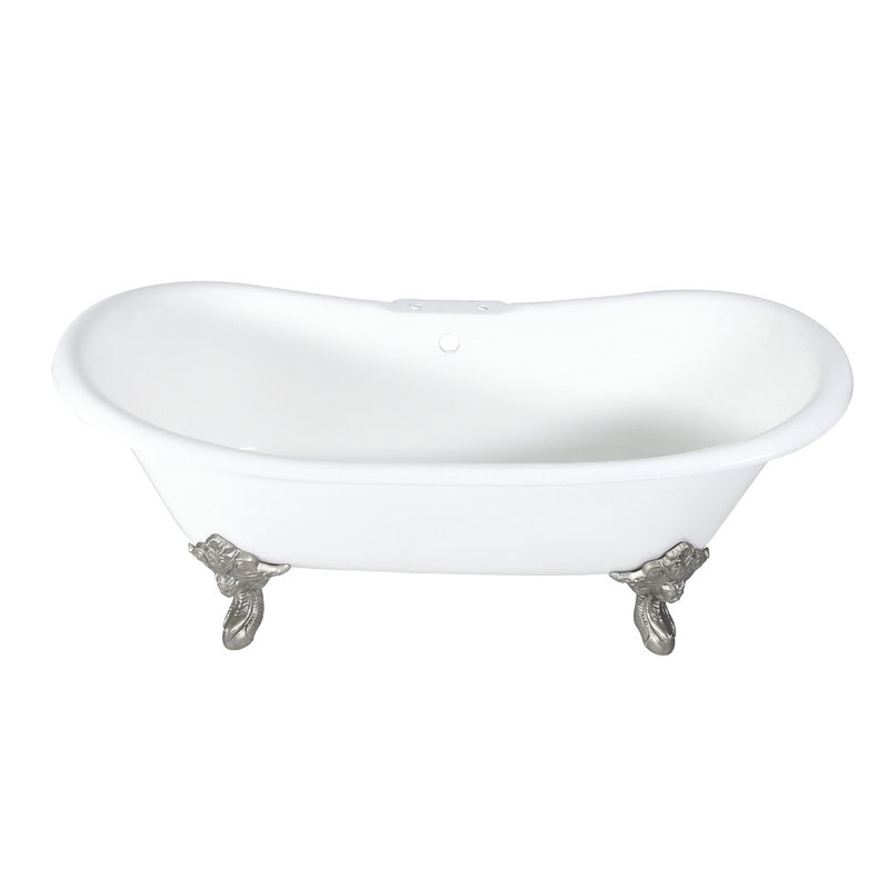 Aqua Eden VCT7DS7231NL8 72-Inch Cast Iron Double Slipper Clawfoot Tub with 7-Inch Faucet Drillings, White/Brushed Nickel - BNGBath