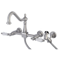 Thumbnail for Kingston Brass KS1248WLLBS Wilshire Wall Mount Bridge Kitchen Faucet with Brass Sprayer, Brushed Nickel - BNGBath