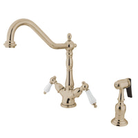 Thumbnail for Kingston Brass KS1236PLBS Heritage 2-Handle Kitchen Faucet with Brass Sprayer and 8-Inch Plate, Polished Nickel - BNGBath