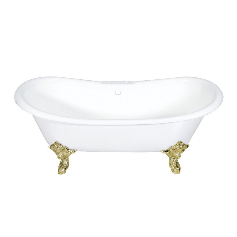 Aqua Eden VCT7DS7231NL2 72-Inch Cast Iron Double Slipper Clawfoot Tub with 7-Inch Faucet Drillings, White/Polished Brass - BNGBath