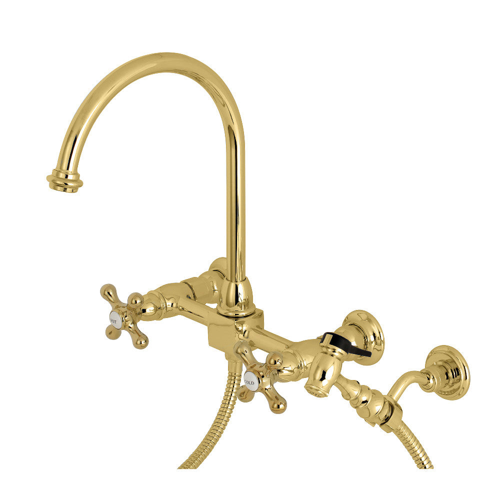 Kingston Brass KS1292AXBS Restoration Wall Mount Bridge Kitchen Faucet with Brass Sprayer, Polished Brass - BNGBath