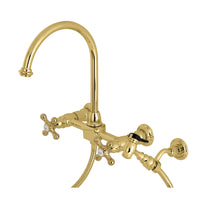 Thumbnail for Kingston Brass KS1292AXBS Restoration Wall Mount Bridge Kitchen Faucet with Brass Sprayer, Polished Brass - BNGBath