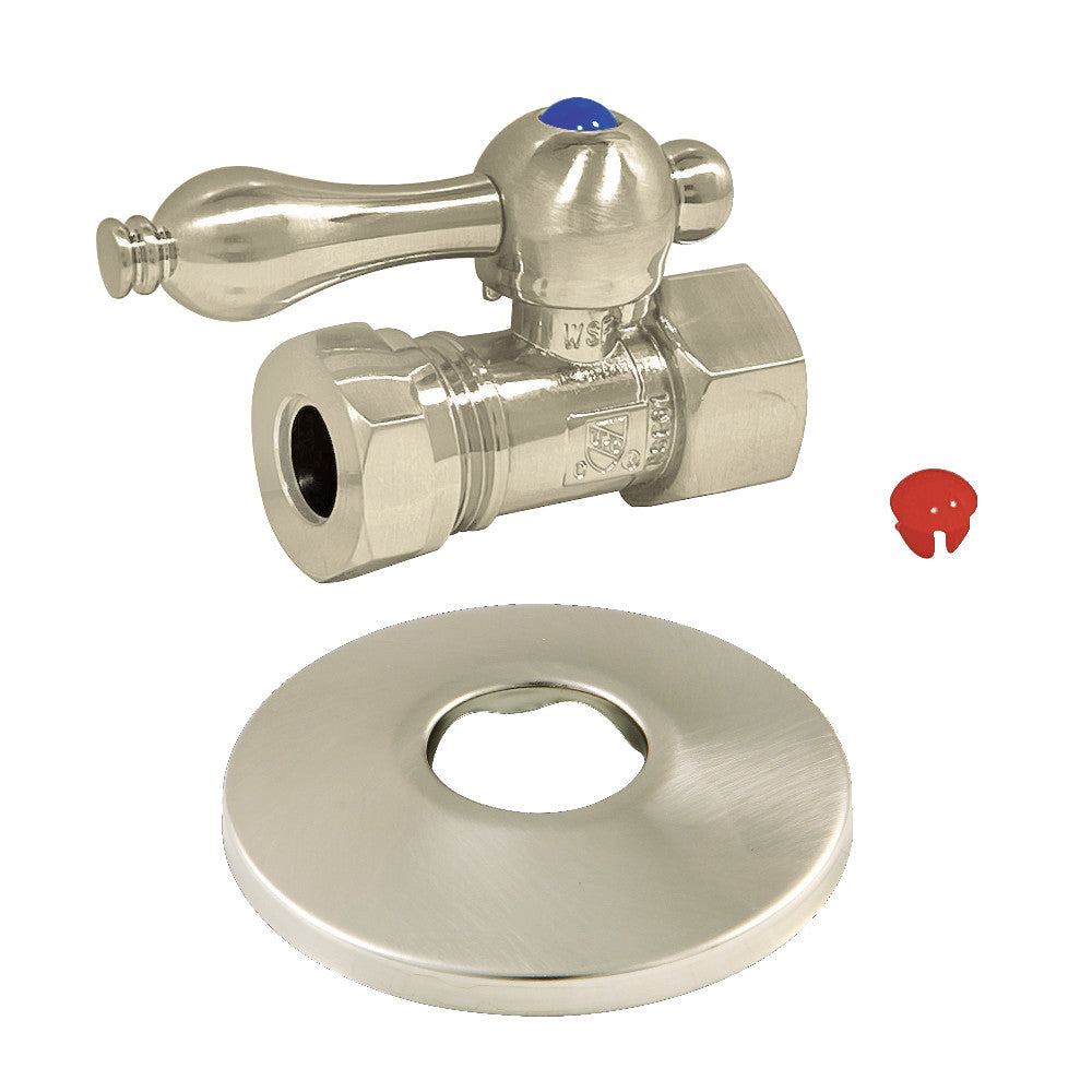 Kingston Brass CC44158K 1/2-Inch FIP X 1/2-Inch or 7/16-Inch Slip Joint Quarter-Turn Straight Stop Valve with Flange, Brushed Nickel - BNGBath