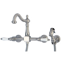 Thumbnail for Kingston Brass KS1268PLBS Heritage Wall Mount Bridge Kitchen Faucet with Brass Sprayer, Brushed Nickel - BNGBath