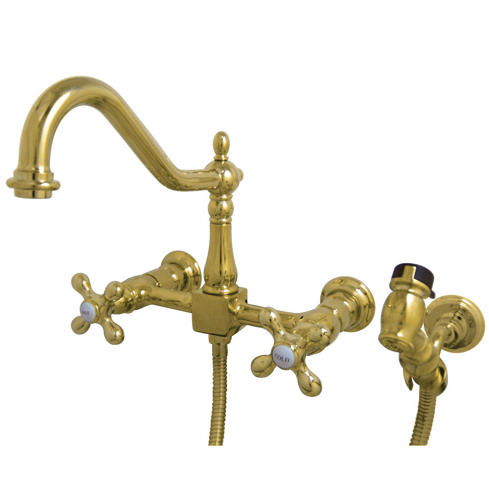 Kingston Brass KS1242AXBS Heritage Two-Handle Wall Mount Bridge Kitchen Faucet with Brass Sprayer, Polished Brass - BNGBath