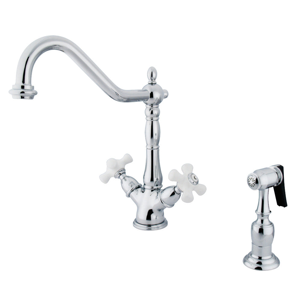 Kingston Brass KS1231PXBS Heritage 2-Handle Kitchen Faucet with Brass Sprayer and 8-Inch Plate,Polished Chrome - BNGBath