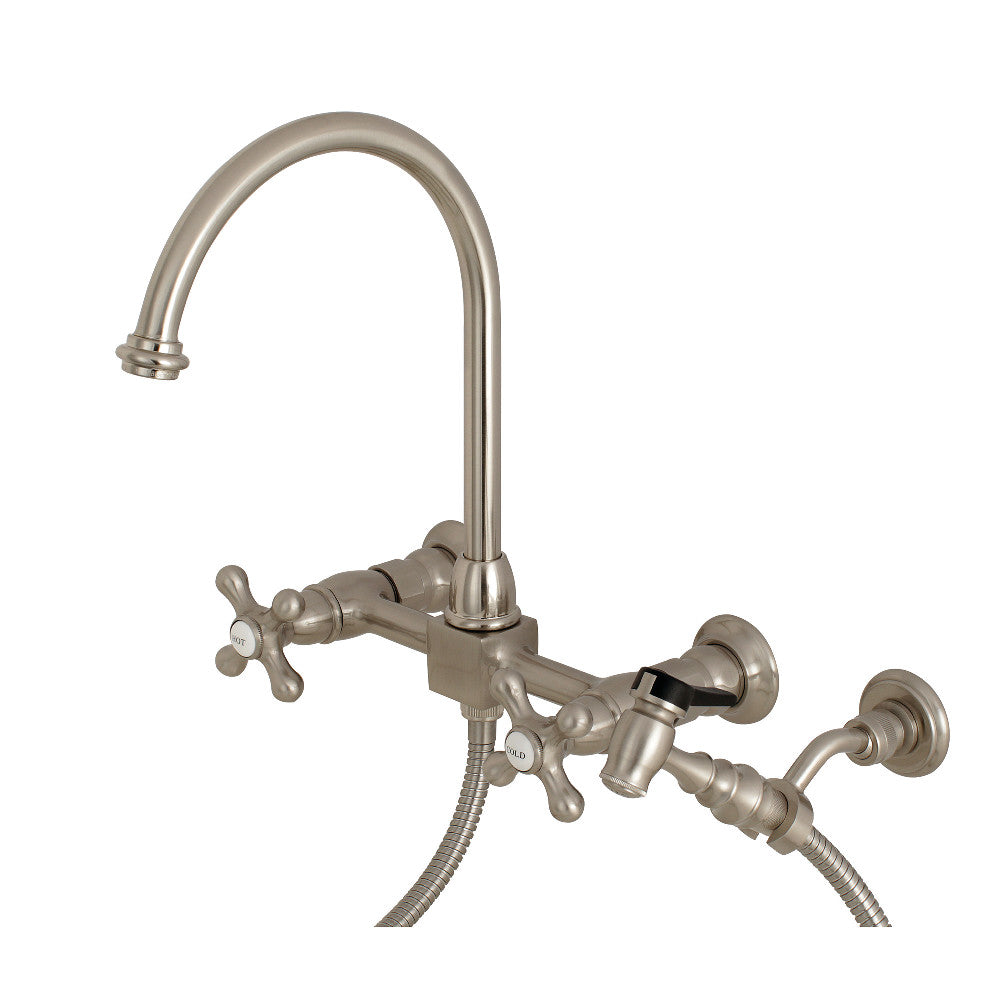 Kingston Brass KS1298AXBS Restoration Wall Mount Bridge Kitchen Faucet with Brass Sprayer, Brushed Nickel - BNGBath