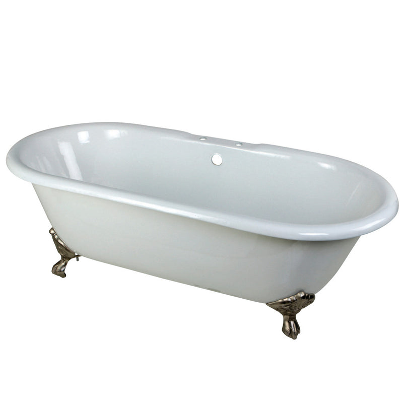 Aqua Eden VCT7D663013NB8 66-Inch Cast Iron Double Ended Clawfoot Tub with 7-Inch Faucet Drillings, White/Brushed Nickel - BNGBath