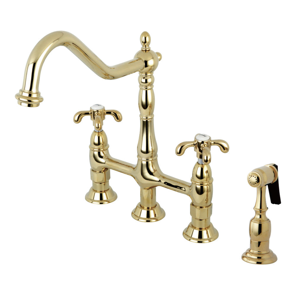 Kingston Brass KS1272TXBS French Country Bridge Kitchen Faucet with Brass Sprayer, Polished Brass - BNGBath