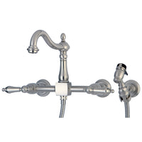 Thumbnail for Kingston Brass KS1268ALBS Heritage Wall Mount Bridge Kitchen Faucet with Brass Sprayer, Brushed Nickel - BNGBath