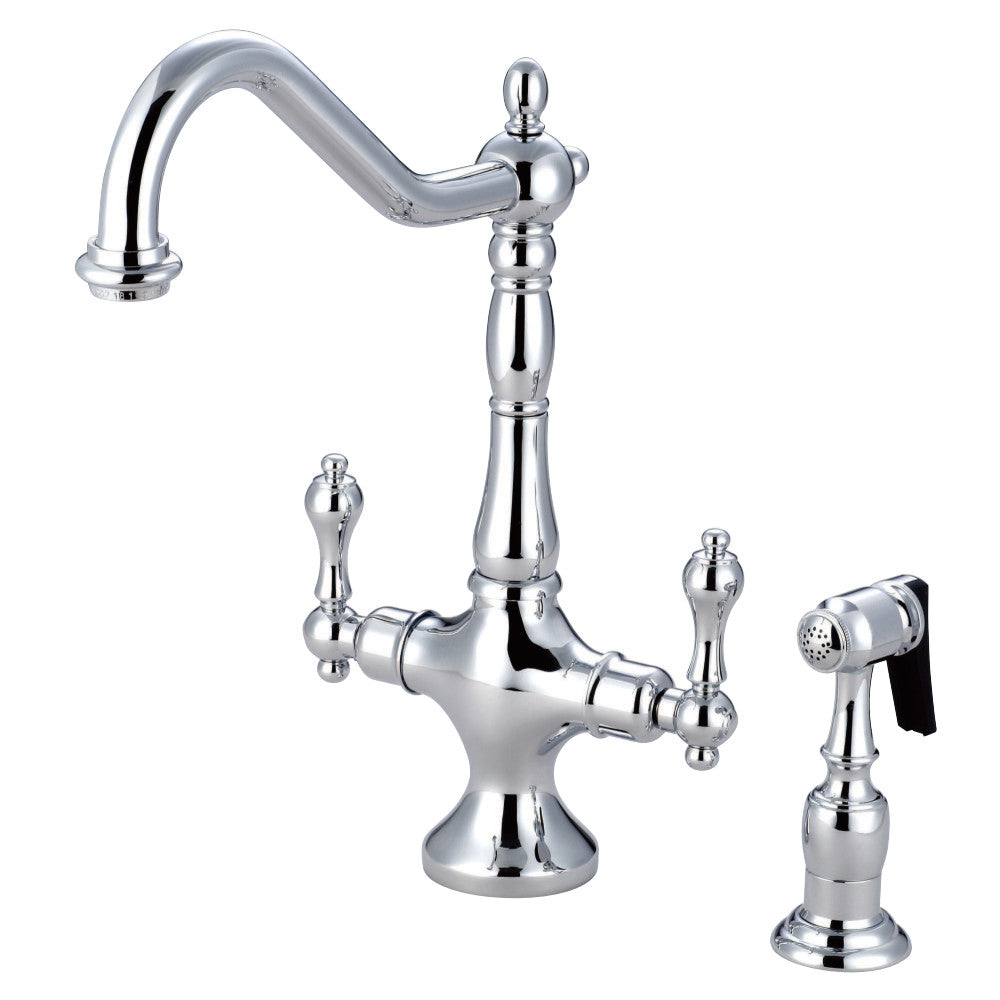 Kingston Brass KS1771ALBS Heritage 2-Handle Kitchen Faucet with Brass Sprayer, Polished Chrome - BNGBath