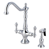 Thumbnail for Kingston Brass KS1771ALBS Heritage 2-Handle Kitchen Faucet with Brass Sprayer, Polished Chrome - BNGBath
