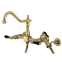 Thumbnail for Kingston Brass KS1243PKLBS Duchess Two-Handle Wall Mount Bridge Kitchen Faucet with Brass Sprayer, Antique Brass - BNGBath