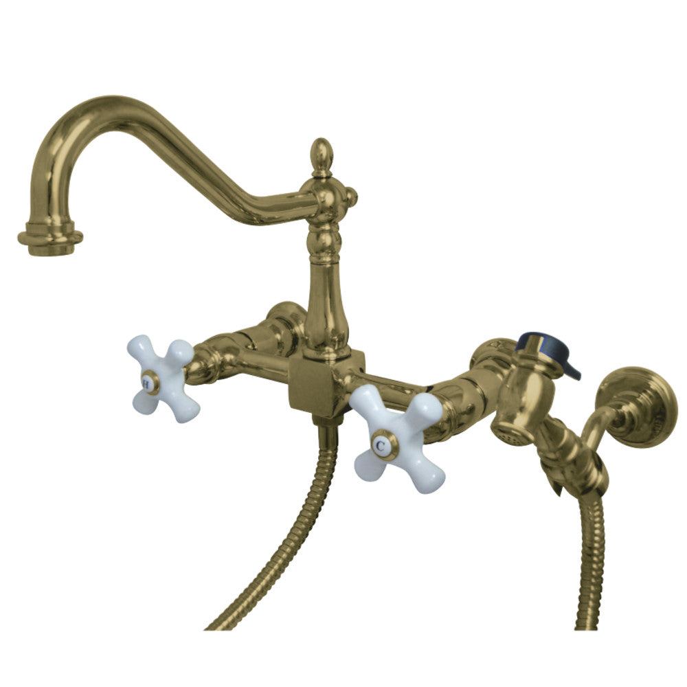 Kingston Brass KS1242PXBS Heritage Two-Handle Wall Mount Bridge Kitchen Faucet with Brass Sprayer, Polished Brass - BNGBath