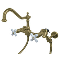 Thumbnail for Kingston Brass KS1242PXBS Heritage Two-Handle Wall Mount Bridge Kitchen Faucet with Brass Sprayer, Polished Brass - BNGBath