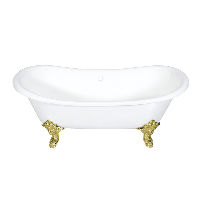 Aqua Eden VCTNDS7231NL2 72-Inch Cast Iron Double Slipper Clawfoot Tub (No Faucet Drillings), White/Polished Brass - BNGBath
