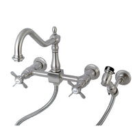Thumbnail for Kingston Brass KS1248BEXBS Essex Wall Mount Bridge Kitchen Faucet with Brass Sprayer, Brushed Nickel - BNGBath