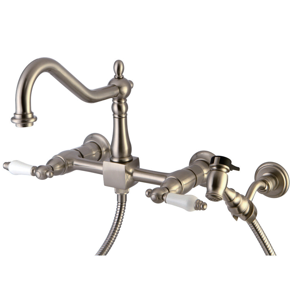 Kingston Brass KS1248PLBS Heritage Two-Handle Wall Mount Bridge Kitchen Faucet with Brass Sprayer, Brushed Nickel - BNGBath