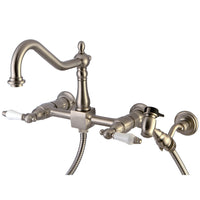 Thumbnail for Kingston Brass KS1248PLBS Heritage Two-Handle Wall Mount Bridge Kitchen Faucet with Brass Sprayer, Brushed Nickel - BNGBath