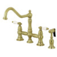 Thumbnail for Kingston Brass KS3277PLBS Restoration 8-Inch Bridge Kitchen Faucet with Sprayer, Brushed Brass - BNGBath