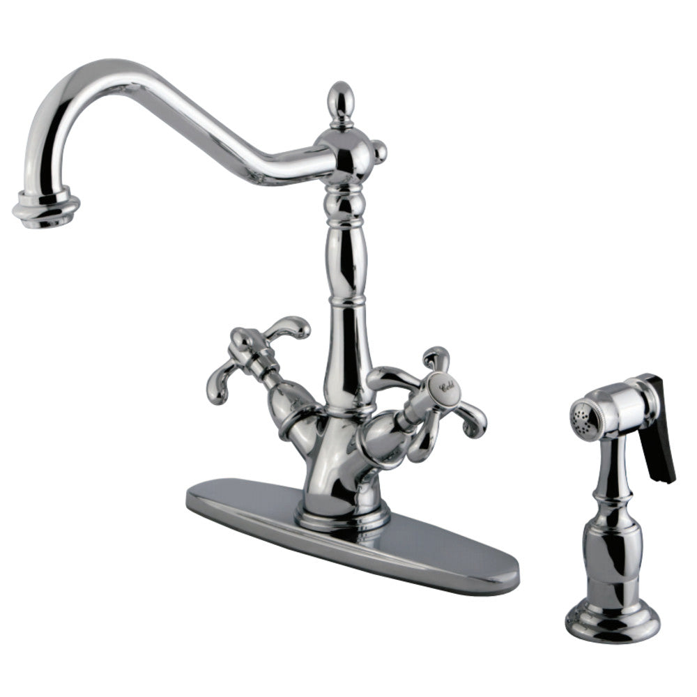 Kingston Brass KS1231TXBS French Country Mono Deck Mount Kitchen Faucet with Brass Sprayer, CP - BNGBath