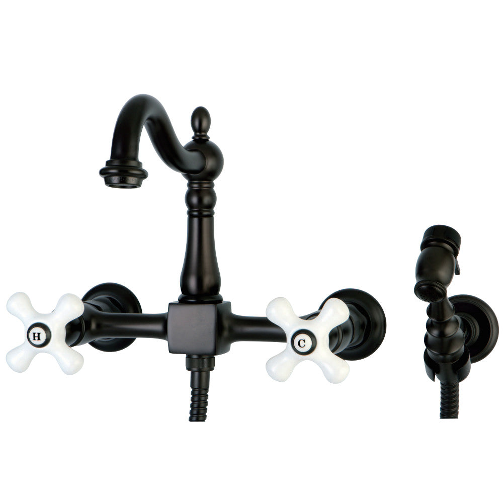 Kingston Brass KS1265PXBS Heritage Wall Mount Bridge Kitchen Faucet with Brass Sprayer, Oil Rubbed Bronze - BNGBath