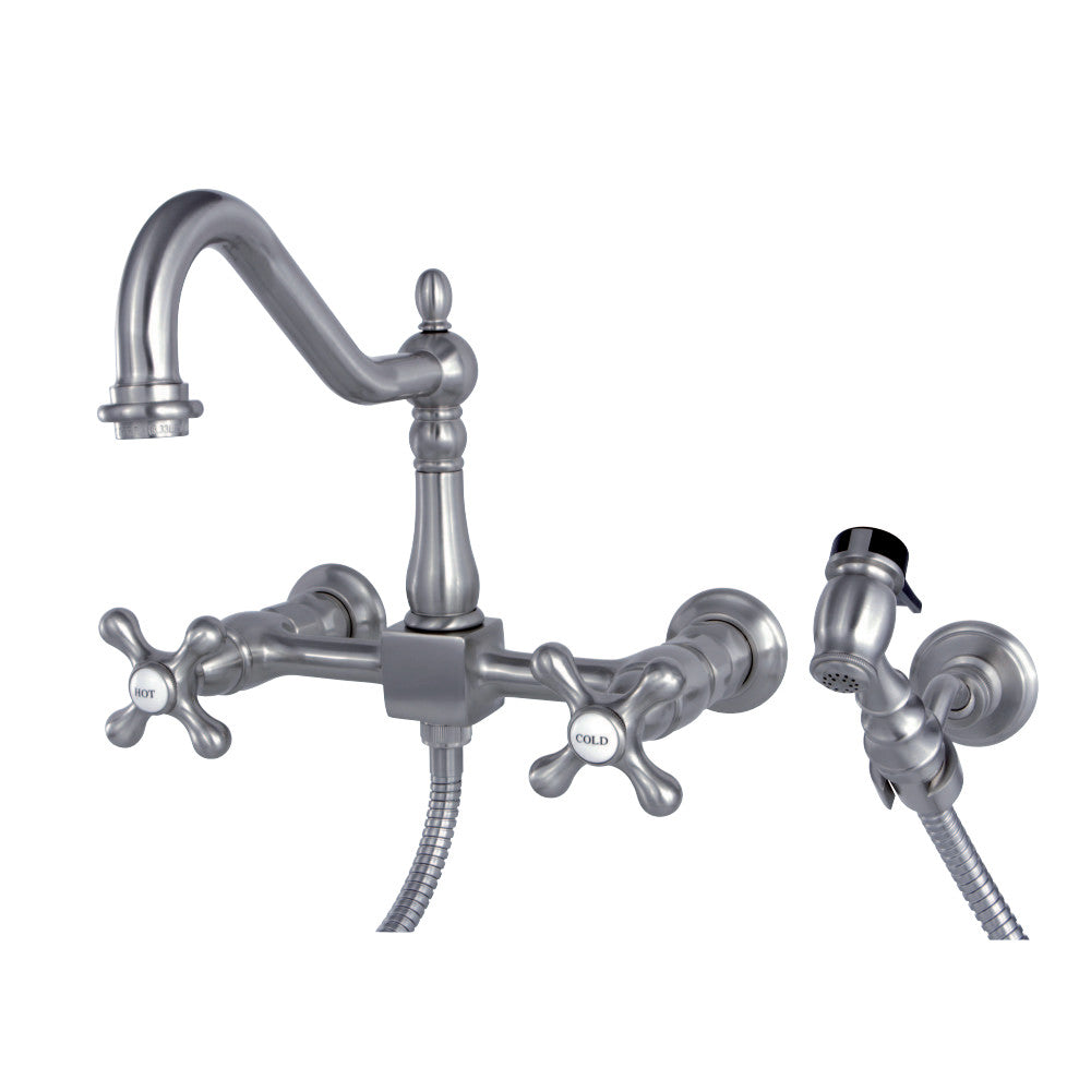 Kingston Brass KS1248AXBS Heritage Two-Handle Wall Mount Bridge Kitchen Faucet with Brass Sprayer, Brushed Nickel - BNGBath