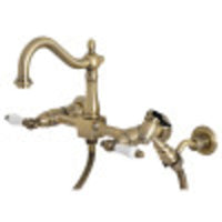 Thumbnail for Kingston Brass KS1263PLBS Heritage Wall Mount Bridge Kitchen Faucet with Brass Sprayer, Antique Brass - BNGBath