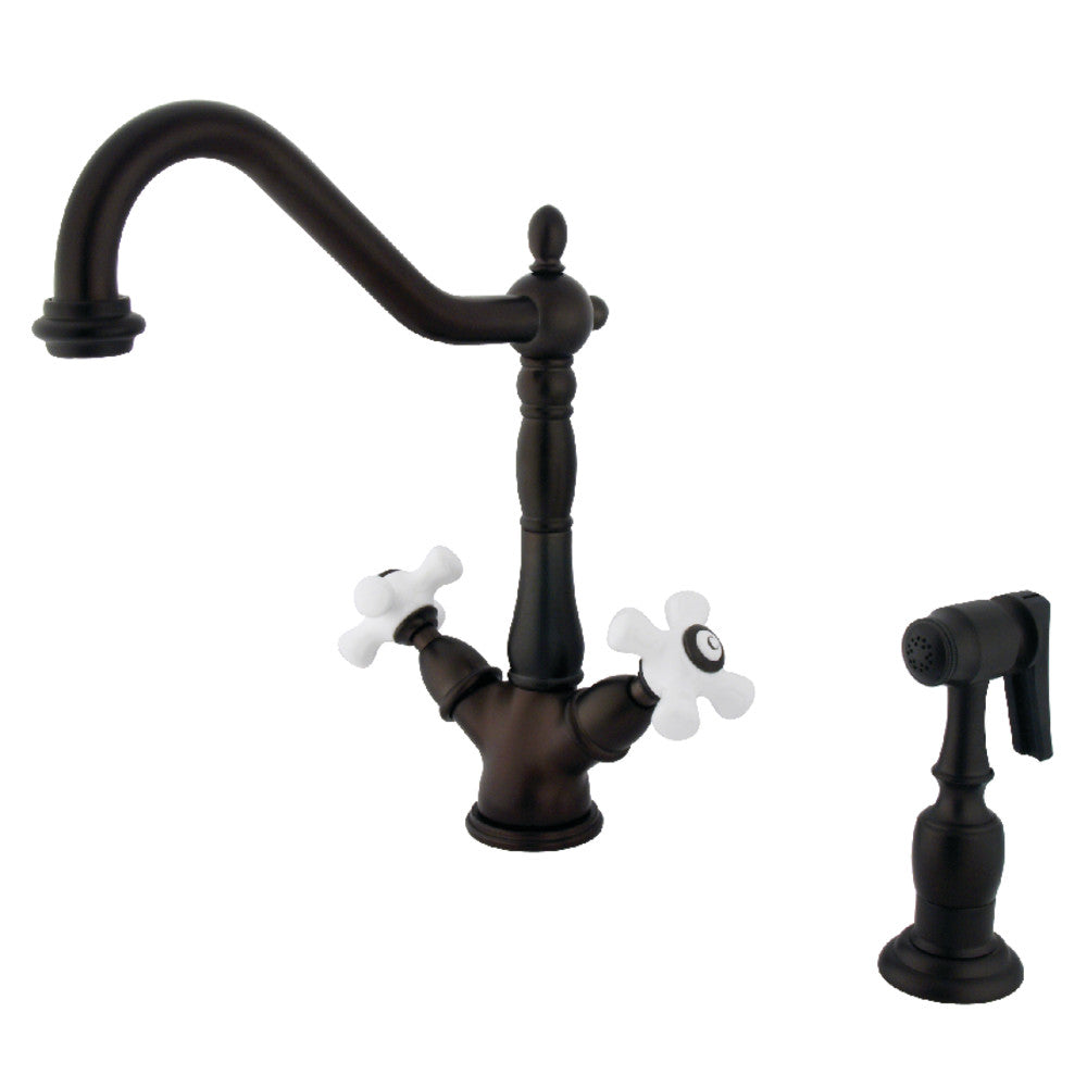 Kingston Brass KS1235PXBS Heritage 2-Handle Kitchen Faucet with Brass Sprayer and 8-Inch Plate, Oil Rubbed Bronze - BNGBath